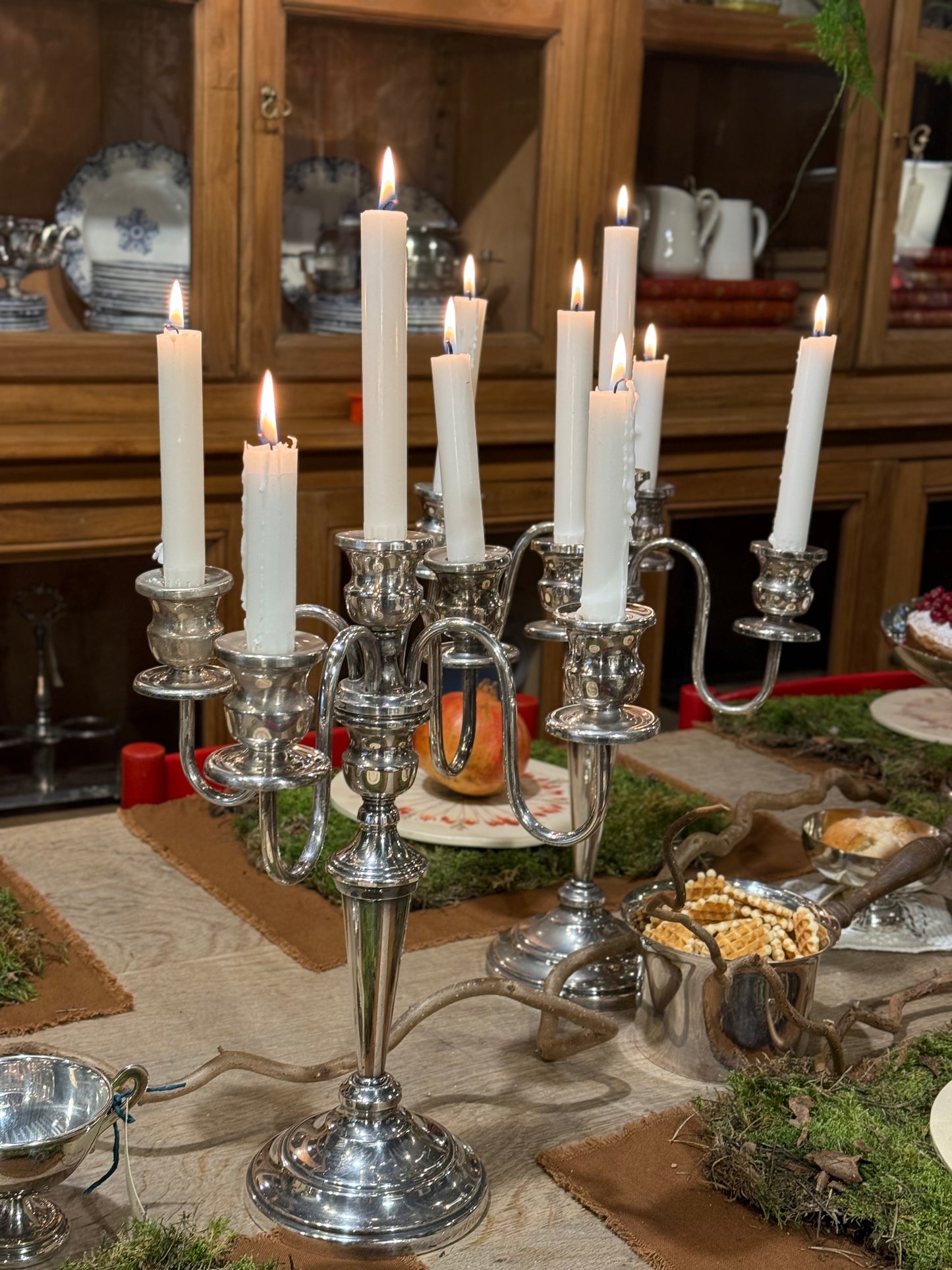 Pareja de candelabros plateados de 5 brazos