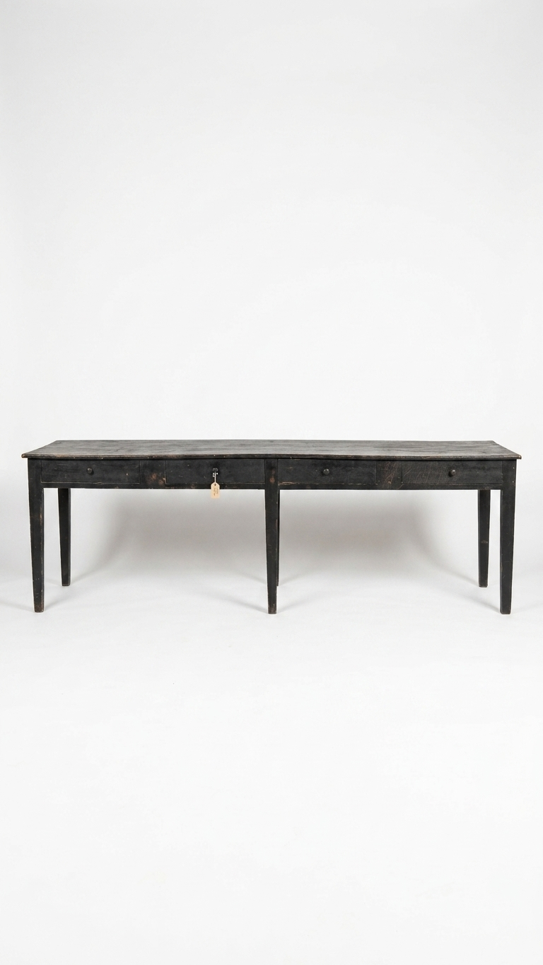 Mesa de trabajo francesa con pátina original negra y cuatro cajones