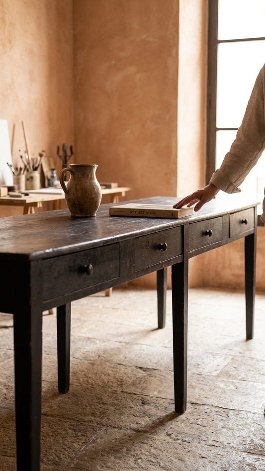 Mesa de trabajo francesa con pátina original negra y cuatro cajones